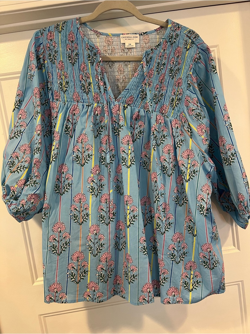 Chic Soul Blue Floral Pintuck Tunic with Pink Blossoms 100% Cotton